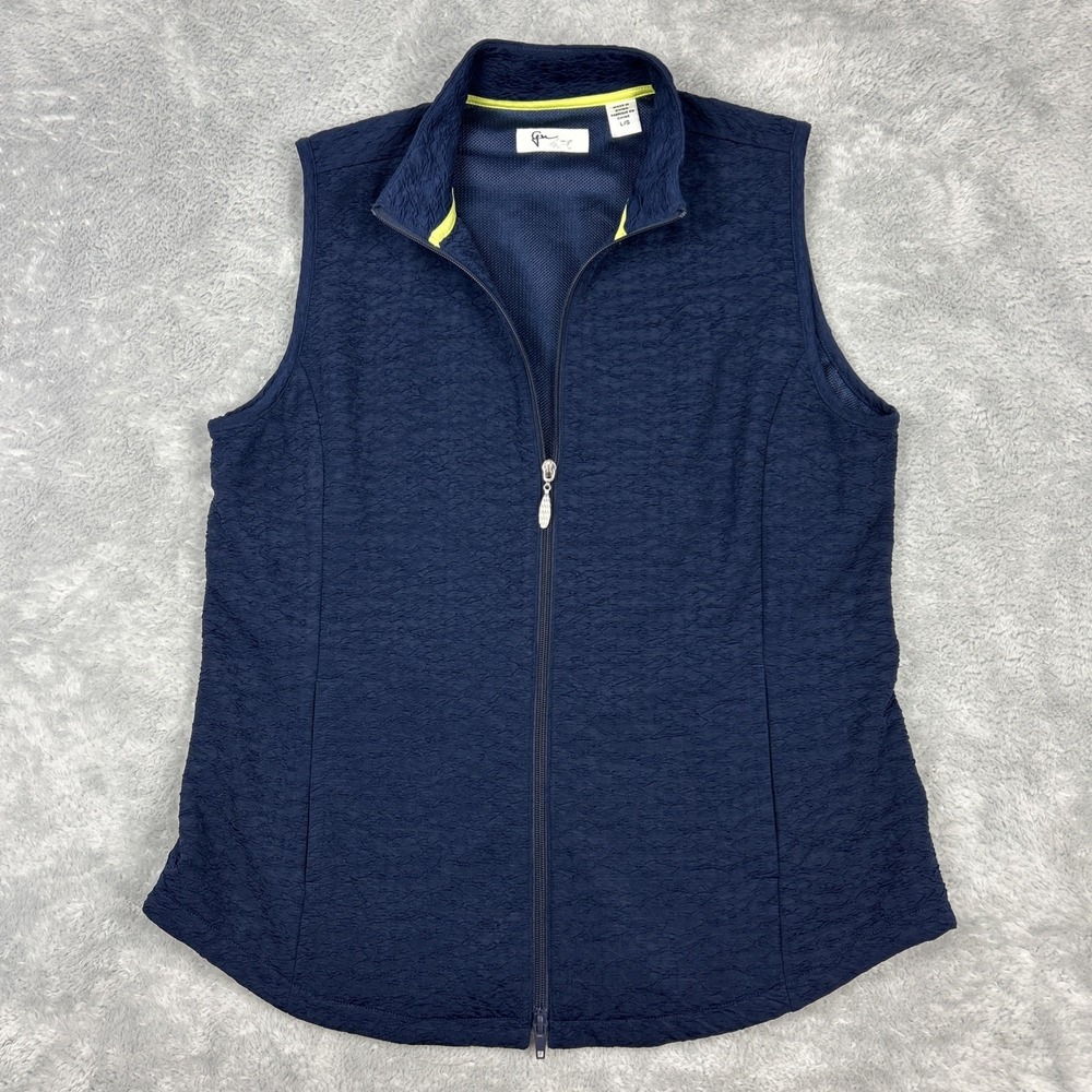 Greg Norman‎ Womens Golf Vest Full Zip Size L Navy Textured Pockets Transitional